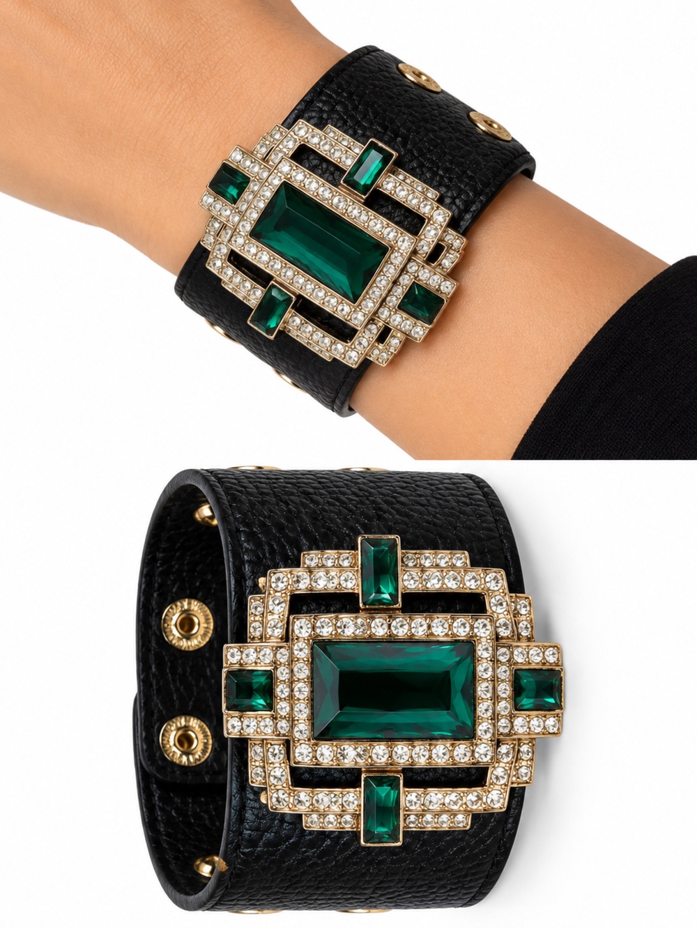 Black Leather Statement Bracelet with Green Gem Accent